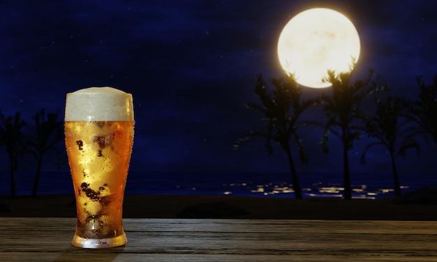 Foto la birra nel bicchiere e la schiuma di birra che gocciola sul bicchiere su un tavolo di pavimento di legno la luna piena riflesso sul mare di notte ci sono stelle nel cielo rilassante e romantica scena di rendering 3d