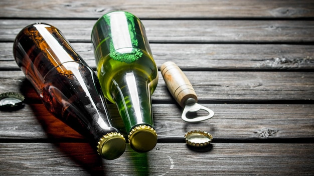 Beer in glass bottles and opener