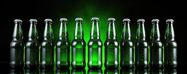 Beer glass bottles with fresh waterdrops with empty white labels in factory panorama Generative Ai