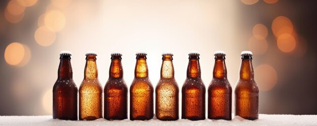 Foto bottiglie di vetro di birra con gocce d'acqua fresca con etichette bianche vuote in panorama di fabbrica generative ai