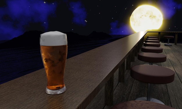 바가에 있는 테라스 위에 있는 긴 나무 테이블 위에 맥주 한잔을 놓고, 하늘에 보름달이 별을 띄우고, 바가나 바다에 반사되어, 레스토랑이나 해변 휴양지 3D 렌더링.