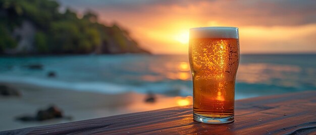 A beer glass overlooking the sea