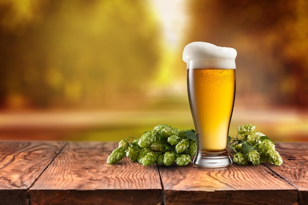 Beer glass served on wooden desk