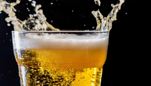 Beer in glass with splashes Tasty alcoholic drink