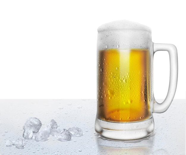 Beer glass with water drops and ice cubes on white background