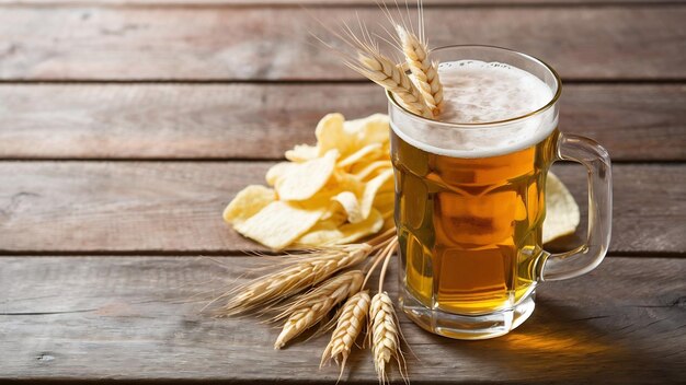 Beer in a glass with wheat ears chips side view on a wooden table