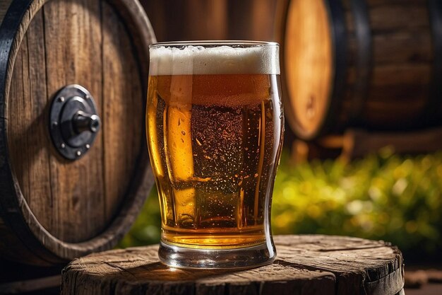 A beer glass on a wooden barrel rustic and inviting