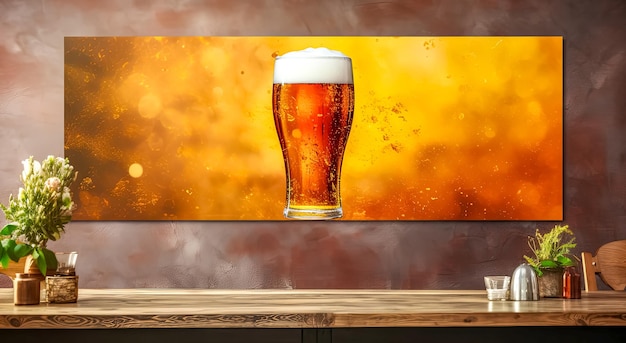 Photo beer glass on wooden counter art print