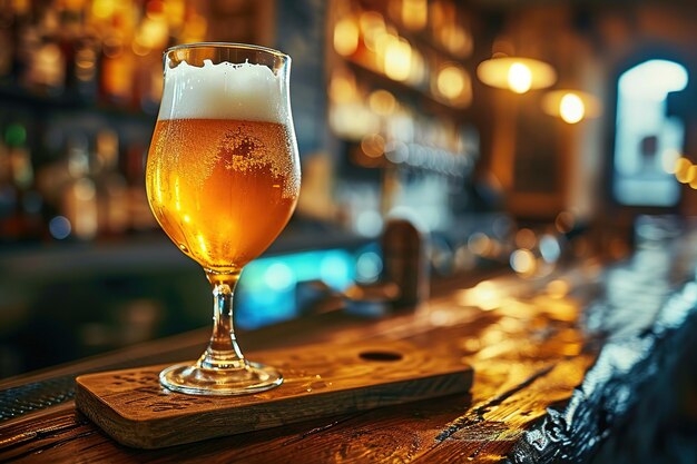 Beer glass on a wooden tabletop with space for copy