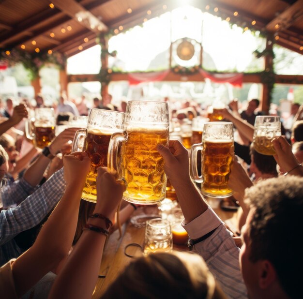 写真 オクトーバーフェストの祭り中にビールグラスが鳴り響く