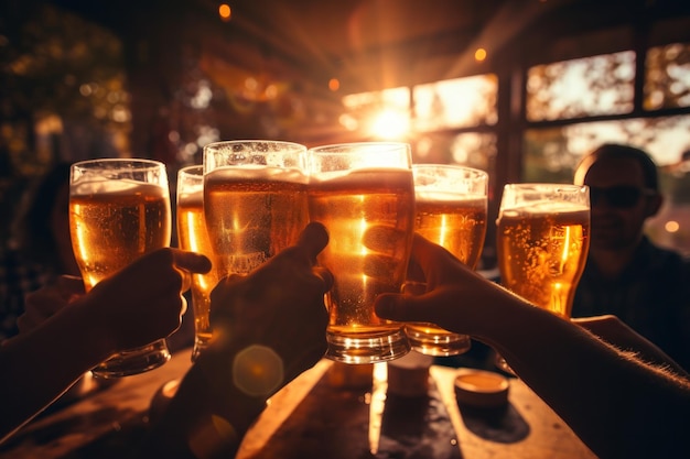 Beer glasses of people toasting at the bar