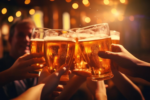 beer glasses of people toasting at the bar