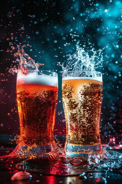 Photo beer glasses with splashing beer