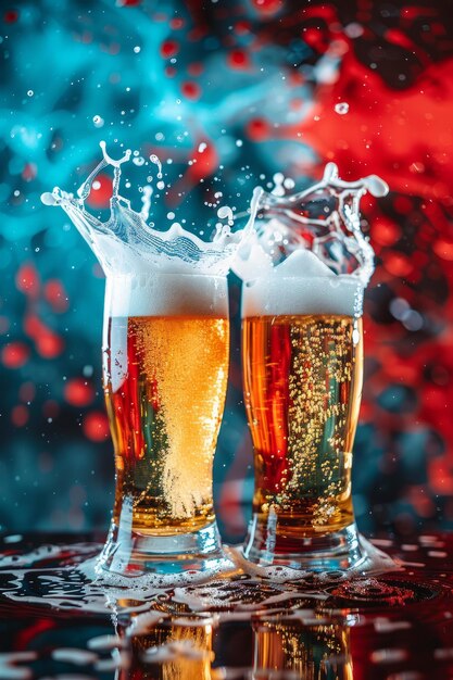 Photo beer glasses with splashing foam