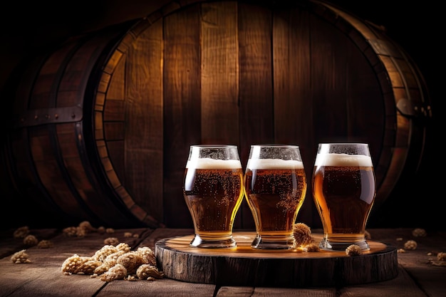 Beer glasses on a wooden background beside a barrel of beer