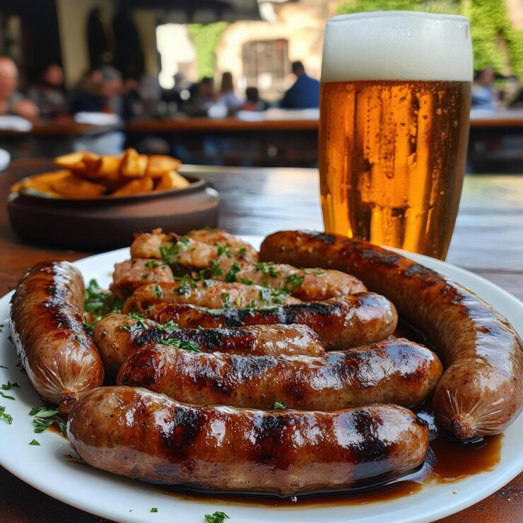 Photo beer and grilled sausages on a platter hearty and delicious pub cuisine