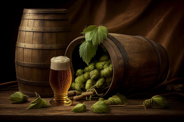 Photo beer hops and barrel ai generated