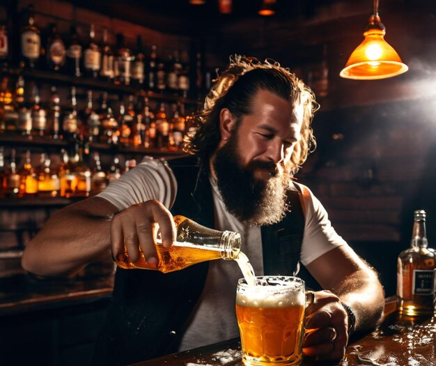 ビーチバーでビールをカップに注ぐ