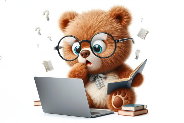 beer met een bril en een verbaasde blik op haar gezicht kijkt naar een laptop op een witte achtergrond