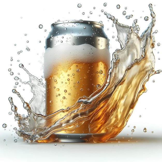 beer metal can with beer splash isolated on white background