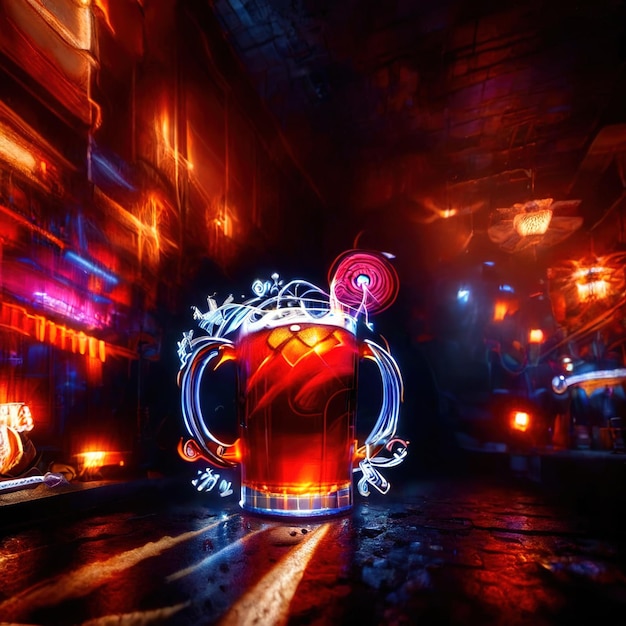 Photo beer mug alcholic drink in bar psychadelic glowing aura light streaks