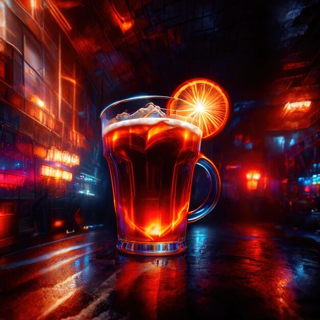 Photo beer mug alcholic drink in bar psychadelic glowing aura light streaks