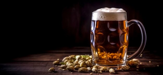 Beer mug on dark background international beer day banner AI generated