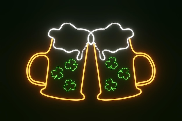 Beer mug glowing neon light Happy Saint Patricks Day night party Shamrock signboard 3d rendering Irish pub holiday drink