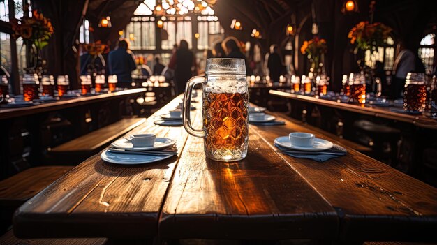 Photo a beer mug sits on a wooden table in front of a group of people