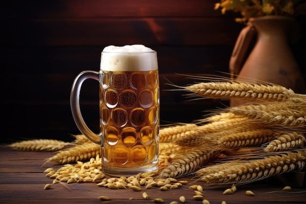 Хмель пшеницы кружки пива и бочонок на древесине