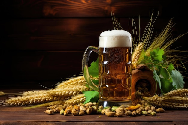 Beer mug wheat hops and barrel on wooden background