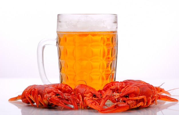 Boccale di birra con crostacei su sfondo bianco