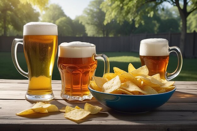 Photo beer mugs and a bowl of chips on an outdoor table