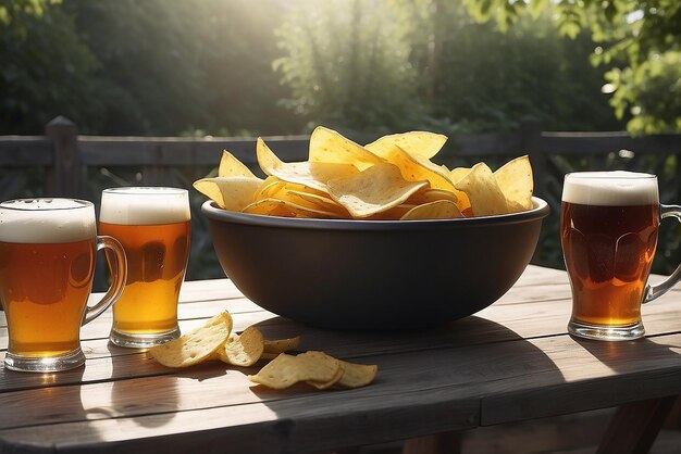 Photo beer mugs and a bowl of chips on an outdoor table