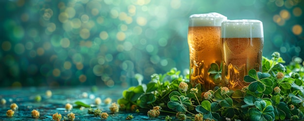 Foto coppe di birra in foglie e fiori di trifoglio su uno sfondo verde con effetto bokeh