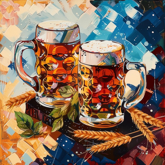 Beer Mugs on Oktoberfest Background