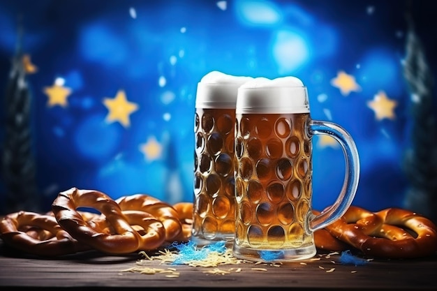 Beer mugs and pretzels ai generated