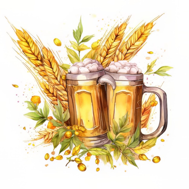 Beer mugs with wheat and barley Hand drawn watercolor illustration