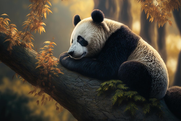 Foto beer panda rustend op een boom