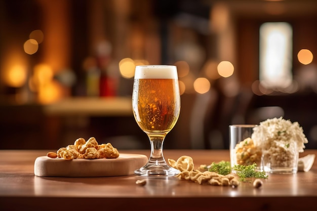 beer in Pilsner glass on the background of a table with snacks