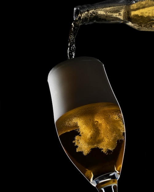 A beer pouring in a glass on a black background.