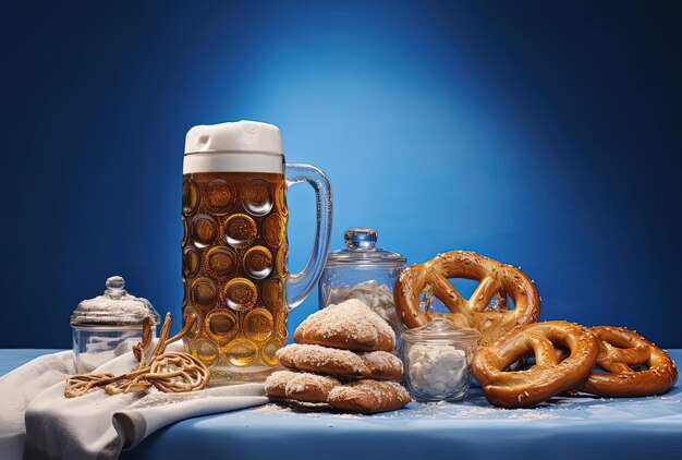 a beer and pretzel with glasses on blue table in the style of traditional costumes