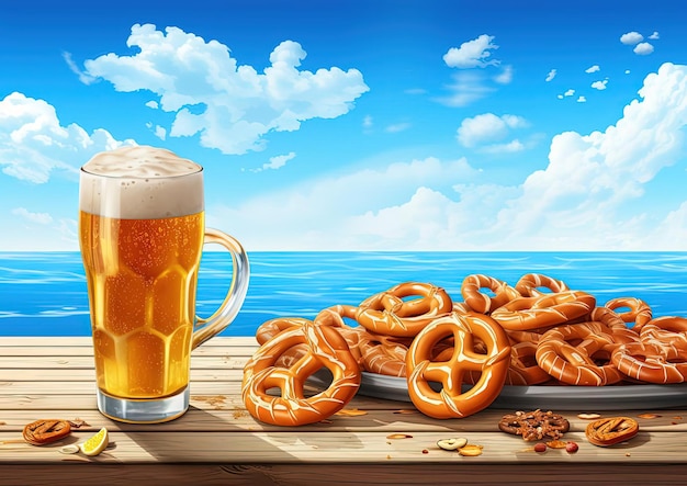 beer and pretzel with a wooden background