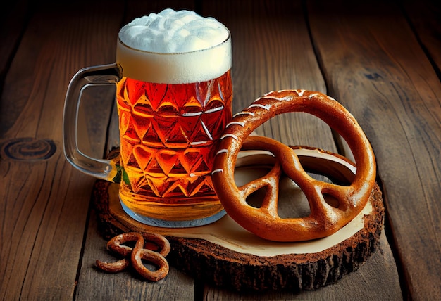 Foto birra e ciambellina salata su fondo di legno l'oktoberfest genera ai