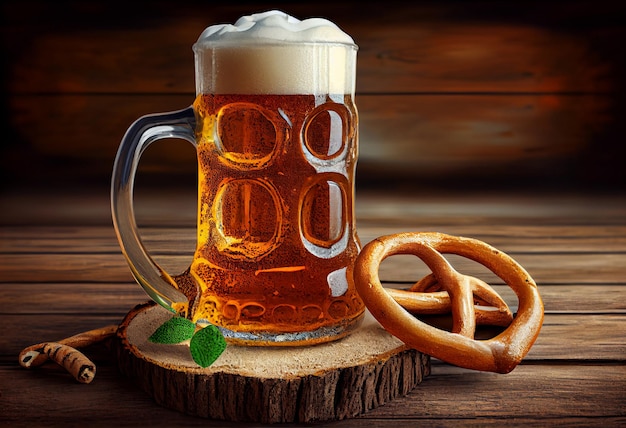 Beer and Pretzel on wooden background Oktoberfest Generate Ai