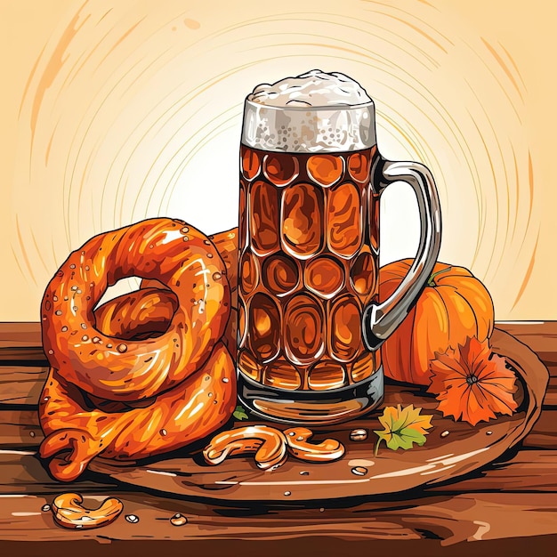 beer and pretzels traditional for oktoberfest vector art