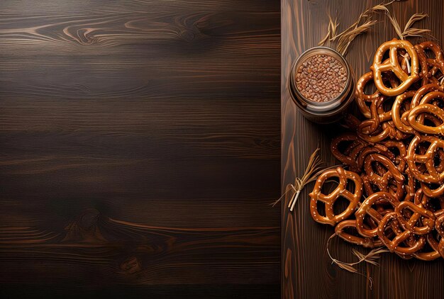 beer and pretzels on wood board in the style of minimalist background