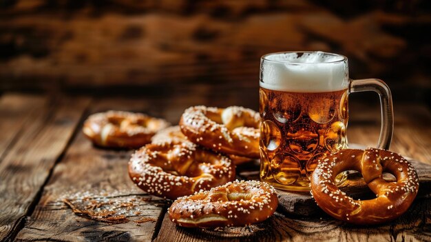 Photo beer and pretzels on wooden table