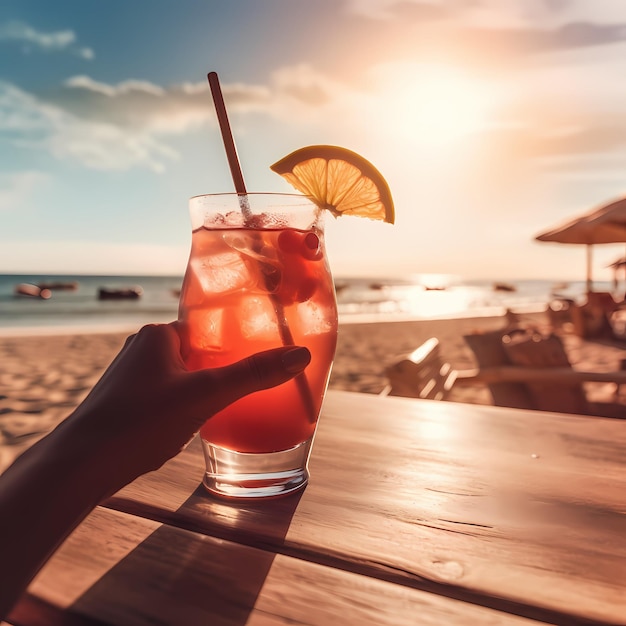 Beer red cocktail and tropical drink with sea at a sunny day in summer