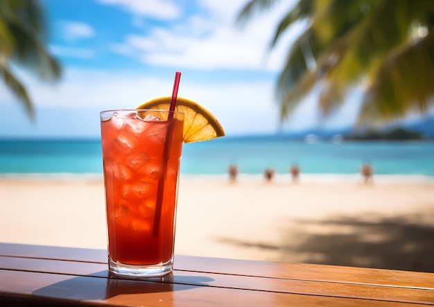 Beer red cocktail and tropical drink with sea at a sunny day in summer